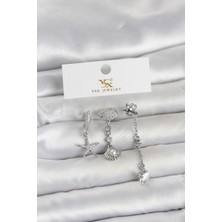 Solenya Pirinç Gümüş Renk Zirkon Taşlı Deniz Temalı 3'lü Kadın Küpe