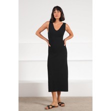 Ferraro Siyah V Yaka Viskon Karışımlı Kolsuz Kadın Triko Elbise