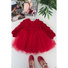 Miniğimin Cicileri Gül Desenli Kız Çocuk Uzun Kol Abiye Elbise - Kırmızı