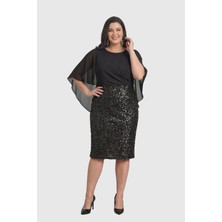 Lilas Xxl Kadın Büyük Beden Şifon Pelerinli Pul Payetli Kısa Abiye Elbise 2615 Siyah