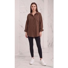 Stilera Kadın Keten Gömlek Cep Detaylı Oversize Standart Beden Yazlık