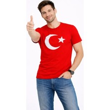 Veralya Moda Erkek T-Shirt Kısa Kol Bisiklet Yaka Ay Yıldız Bayrak Baskılı Tişört - Kırmız�