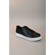 Modayak Manc Siyah Hakiki Deri Beyaz Poli Taban Bağcıklı Günlük Ayakkabı