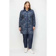 Moda İlgi Moda Ilgi Kadın Büyük Beden Çiçek Desen Nakışlı Düğme Kapamalı Uzun Tunik 0374 Lacivert