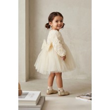 Miniğimin Cicileri Gül Desenli Kız Çocuk Uzun Kol Abiye Elbise - Ekru