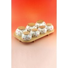 Bursa Porselen Dekor Mine Çiçeği Bambu Standlı 7 Li Porselen Baharatlık