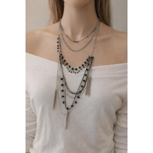 ZS Aksesuar Çok Katlı Zincir Kolye Siyah Taş Detaylı – Uzun Sallantılı Modern Kadın Kolye, Bohem ve Şık Tasarım