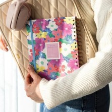 Calperia Spiralli Lastikli Sert Kapak Çizgili Not Defteri - Çok Renkli Çiçekler