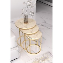 Usta Mekan Usta Gold Metal Traverten Mermer Desen Ahşap Tablalı 3 Lü Zigon Sehpa
