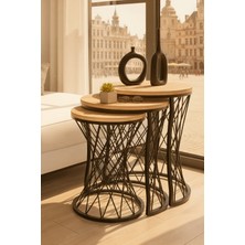 Usta Mekan Statik Zigon Sehpa Antik Çam Ahşap Tabla Metal Ayaklı Yuvarlak Tasarım