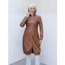 Modamorfo Kapaklı Cepli Boydan Fermuarlı Deri Kap -Taba