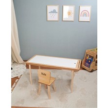 Muyuru Montessori Çocuk Aktivite Masası Huş Ahşap 3 Sepetli Beyaz/kara Yazı Tahtalı ve Isimli 1 Sandalyeli