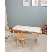 Muyuru Montessori Çocuk Aktivite Masası Huş Ahşap 3 Sepetli Beyaz/kara Yazı Tahtalı ve 1 Sandalyeli