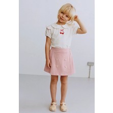 Magu Kız Çocuk Pamuklu Pembe Kiraz Nakışlı Bluz Etek Takım