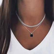 Blue Cat Bijouterie Şık Katmanlı Kolye Seti Geniş Düz Bağlantı Zincir ve Kare Paslanmaz Çelik Kolye