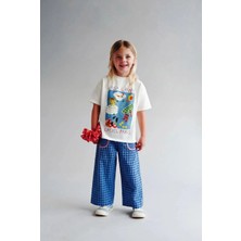 Magu Kız Çocuk Pamuklu Ekru Baskılı Tişört Mavi Pötikare Eşofman Takım