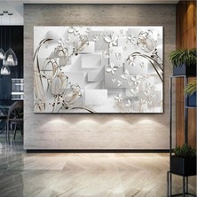 Şehzat Porselen Beyaz Çiçekler Uçan Kelebekler Kanvas Tablo AR030209