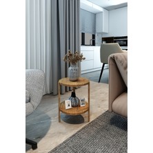 Atlantik Çam 2 Katlı Yuvarlak Ahşap Çok Amaçlı Sehpa Dekoratif Raf