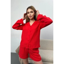 Coccolarsi Effetto Lino Kırmızı Uzun Kol Şort Pijama Takımı