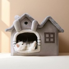 Villa Kedi Evi Peluş Kapalı Kedi Yatağı Minderli Katlanır (Gri)