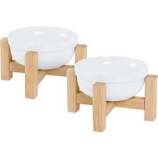 Calperia Ahşap Standlı Seramik Kedi Mama ve Su Kabı Seti