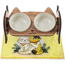 Gobypet Always The Best Ahşap Kedi Mama ve Su Kabı ile Kedi Köpek Paspası - Demonte Kedi Mama Su Kabı, Çift Hazneli Seramik Mama ve Su Kabı - Ayarlanabilir Mama Kabı (Beyaz Seramik)