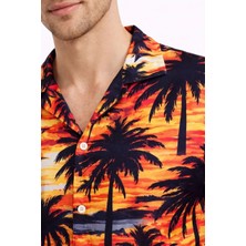 Mzp Kartan Erkek Gün Batımı Palmiye Desenli Kısa Kol Gömlek Hawaii Tarz Yazlık Rahat Kalıp - Desenli