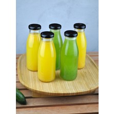 Qualitev 5 Adet Cam Şişe Meyve Suyu Ayran Detoks Şişesi 250 ml Siyah Metal Kapaklı Şişe