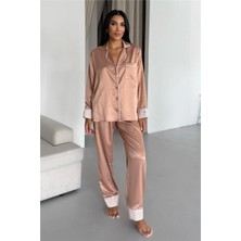 Coccolarsi Liscio E Quadri Bej Saten Uzun Pijama Takımı