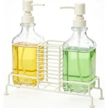 Calperia 2'li Şık Kare Cam Sabunluk Seti | 500 ml x 2 | Ferforje Metal Stand | Mutfak ve Banyo Düzenleyici