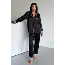 Coccolarsi Liscio E Quadri Siyah Saten Uzun Pijama Takımı