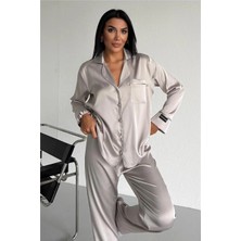 Coccolarsi Nobiltà Della Notte Gri Saten Uzun Pijama Takımı