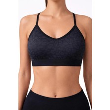 Adeniz Kadın Siyah Leopar Desen Çapraz Ince Ip Askılı Destekli Spor Sütyeni