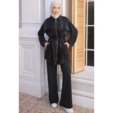 İmaj Butik Siyah Kol Lastikli Fermuarlı Tunik Pantolonlu Takım