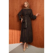 İmaj Butik Kahverengi Şallı Desenli Elbise