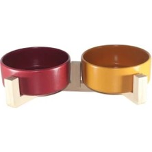 Calperia Ahşap Standlı Seramik Kedi Mama ve Su Kabı (Çiftli Tasarım)