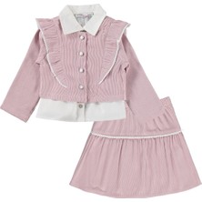 Lüks Kumru Tekstil Civil Girls Fırfırlı Ceket Gömlek 3 Lü 2-5 Yaş Takım - Pembe