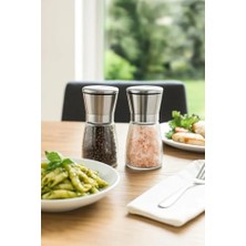 Cam Gövdeli Metal Krom Renk Kapaklı Tuz Karabiber Değirmeni Tuz Karabiber Öğütücü 13 cm 2 Adet