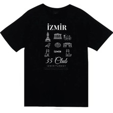 stonedfame Izmir 35 Kordon Saat Kulesi Efes - Şehir Baskılı Unisex %100 Pamuk Siyah T-Shirt