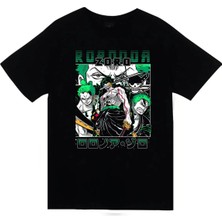 stonedfame One Piece - Ronoa Zoro - Anime Baskılı Unisex %100 Pamuk Siyah T-Shirt