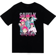 stonedfame Saiki Kusuo - No Ψ Nan - Anime Baskılı Unisex %100 Pamuk Siyah T-Shirt