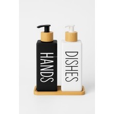 Busstier Bulaşık Deterjanlık ve Sabunluk Seti Bambu Tepsili Şık Ikili Set Siyah Beyaz Modern Tasarım Kompozit Malzemeli Mutfak Tezgah Üstü Organizer (Bombeli)          [enerji Sınıfı A++]