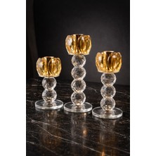 Mis Kitchen Amber Renkli Kristal Şamdan 3’lü Set Lüks Dekoratif Mumluk 10-13-15 cm Özel Tasarım
