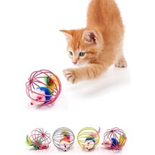 Buffer Peluş Fareli Kedi Köpek Oyuncağı - Oyun Topu, Metal Kafesli, Renkli, 6 cm