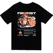 stonedfame One Piece - Portgas D. Ace - Anime Baskılı Unisex %100 Pamuk Siyah T-Shirt