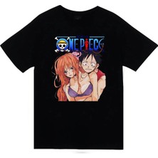 stonedfame One Piece - Nami - Luffy - Nami x Luffy Baskılı Unisex %100 Pamuk Siyah T-Shirt
