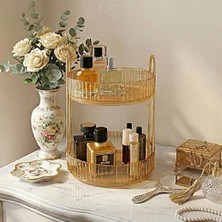 2 Katlı Makyaj Organizeri Kozmetik Aksesuar Düzenleyici Kozmetik Vitrini Yuvarlak (Amber Sarı)