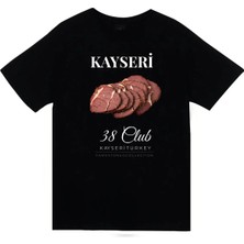 stonedfame Kayseri 38 Erciyes Dağı Pastırma Şehir Baskılı Unisex %100 Pamuk Siyah T-Shirt