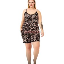 Lady Leopar Desenli Askılı Yaka 10444 Şortlu Büyük Beden Anne Pijama Takımı