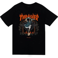 stonedfame Thrasher - Kaykay Baskılı Unisex %100 Pamuk Siyah T-Shirt